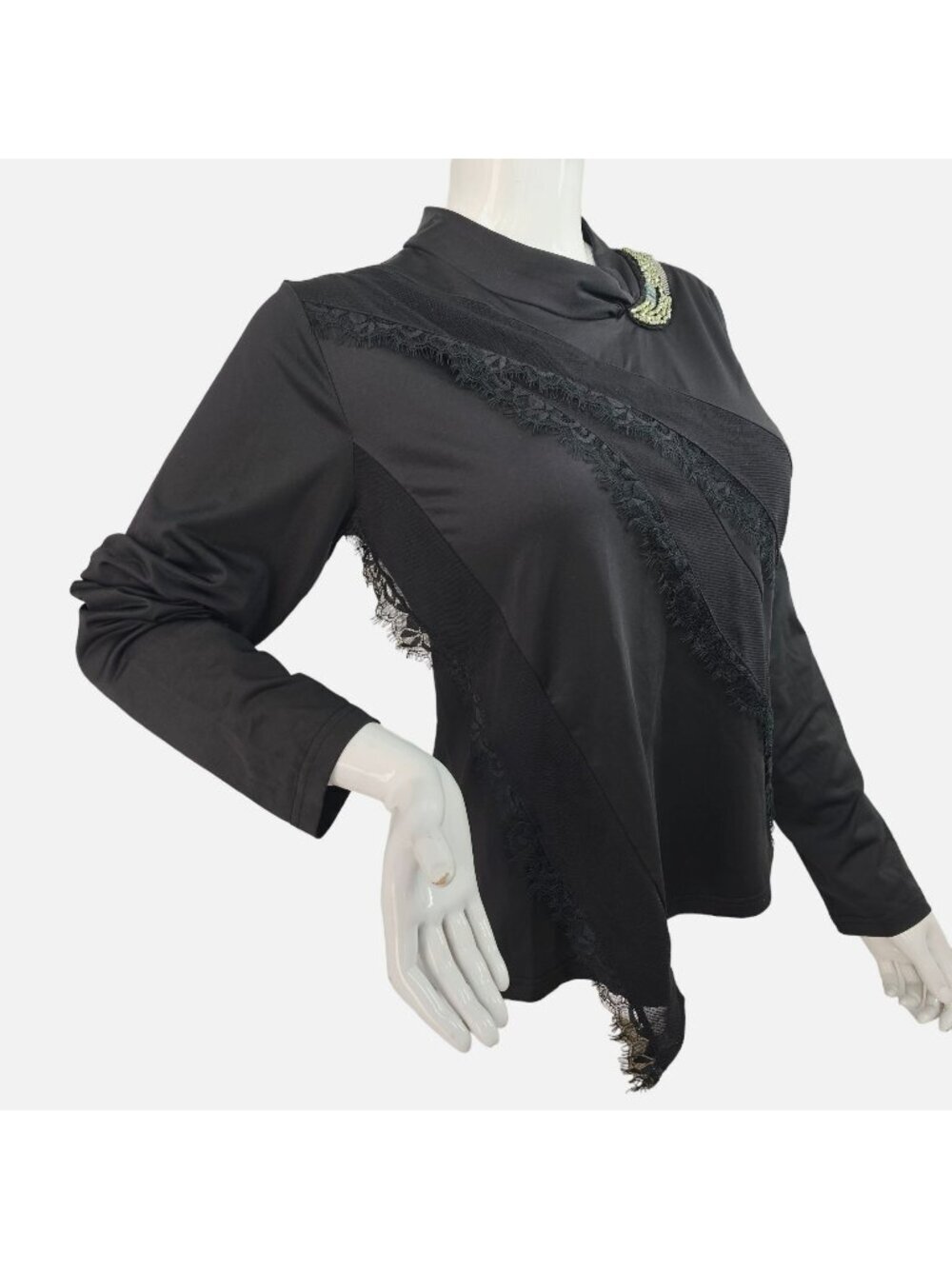 Icinoo Black Beaded Asymmetrical Top Sz M Korean Y2K Evening Lace Trim Long Slv
